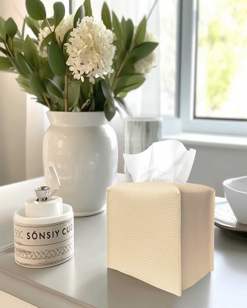 JESMINI Tissue Box Cover Tissue Holder - Square Leather Tissue Box Holder with Bottom Belt [JESMINI  Beige] Modern PU Leather Tissues Cube Box Cover for Bathroom Countertop/Night Stands/Office - Image 4